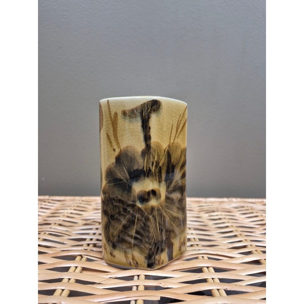 Vintage Studio Pottery Hexagonal Vase Crackle Glaze Botanical Floral Decor 6"